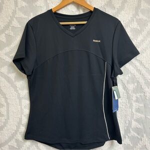 NWT Reebok Play Dry Relaxed Fit Black V-Neck Athletic Tee